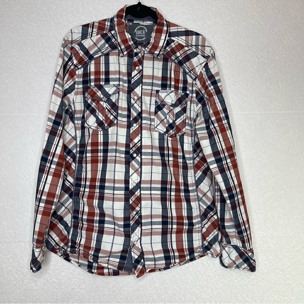 𝅺BUCKLE Athletic Fit Pearl Snap Front Plaid Long Sleeve Shirt L